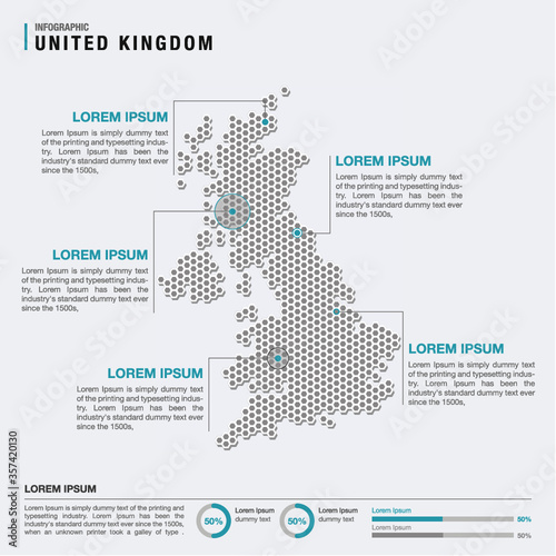 United Kingdom (UK) country map infographics vector with pointer marks and circle chart template. Infographics layouts. Vector illustration