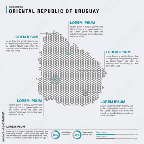 Uruguay country map infographics vector with pointer marks and circle chart template. Infographics layouts. Vector illustration