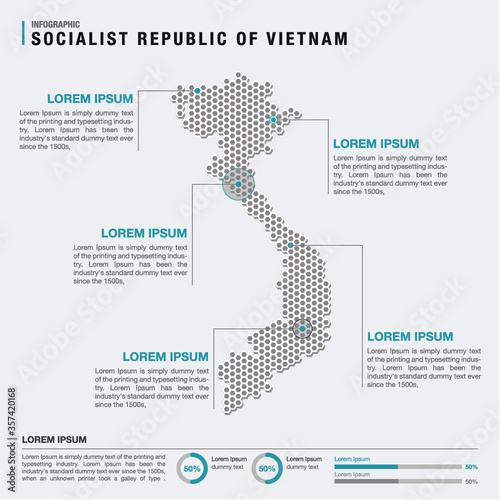 Vietnam country map infographics vector with pointer marks and circle chart template. Infographics layouts. Vector illustration