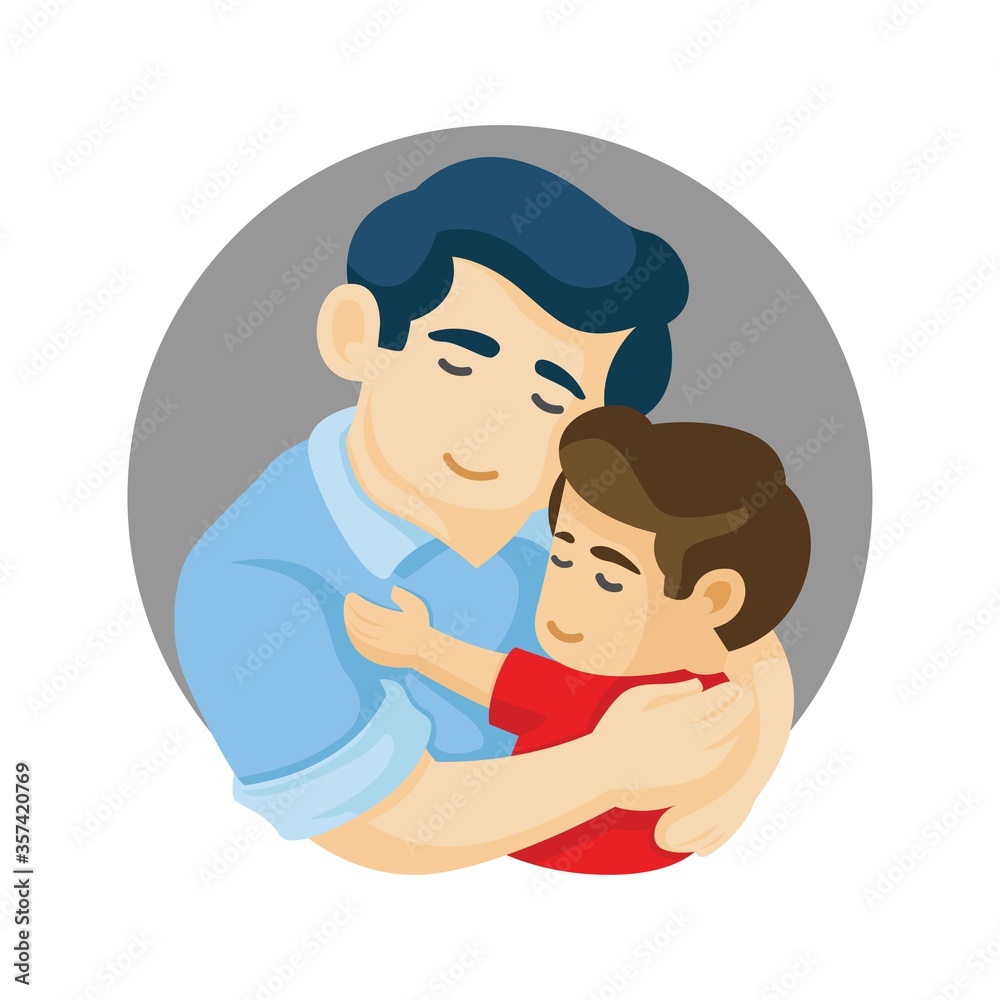 Father and son hugging. Father's day card about father's love and care vector illustration Father and son hugging. Father's day card about father's love and care vector illustration