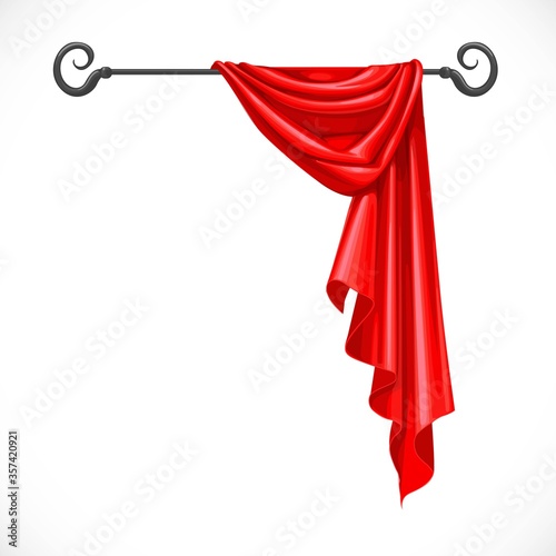 Red drapery hanging on forged cornice isolated on a white background