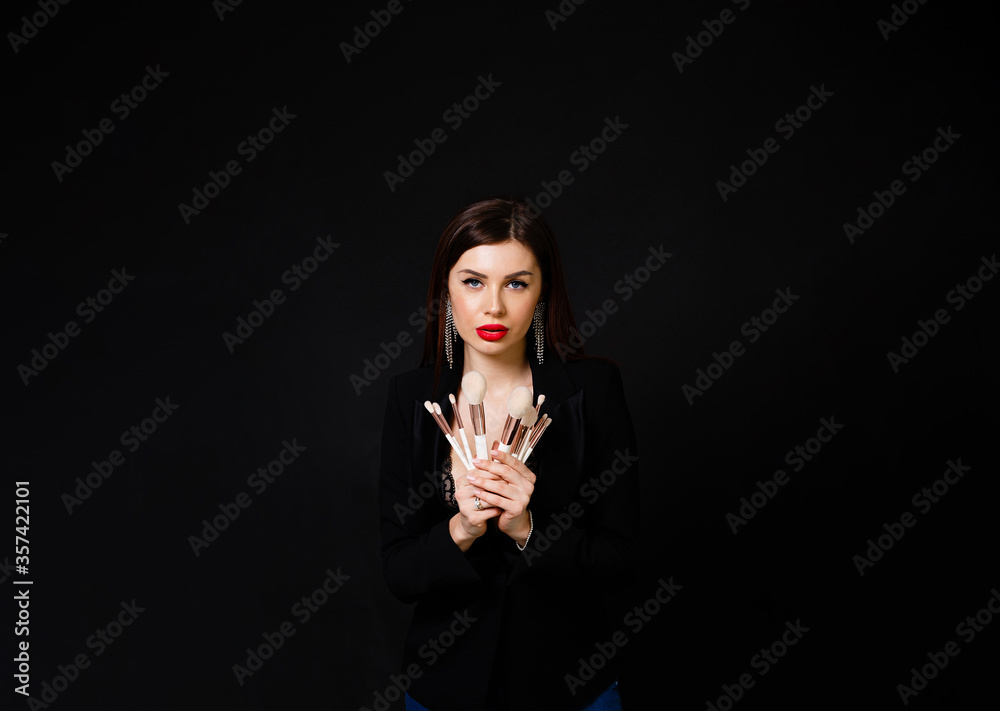 Girl with cosmetics for beauty salon, cut and brush Girl with cosmetics for beauty salon, cut and brush
