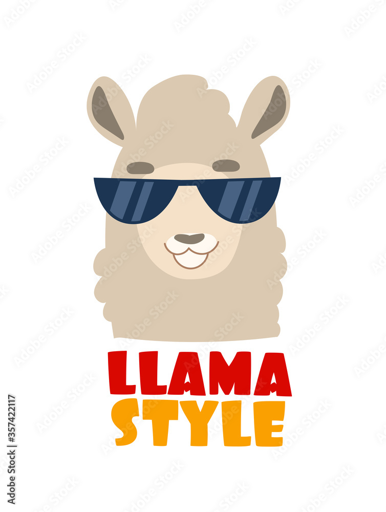 Funny cartoon Llama with sunglasses on. Cartoon character with fun text the Llama style. Cartoon animal illustration