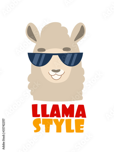 Obraz na płótnie Funny cartoon Llama with sunglasses on. Cartoon character with fun text the Llama style. Cartoon animal illustration w salonie