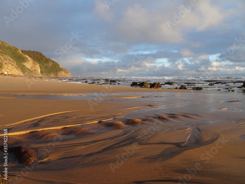 A small runlet on Wreck beach, Victoria, Australia, during low tide and sunset with a beautiful clouds sky in the sky illuminated by the last sun rays of the day.
