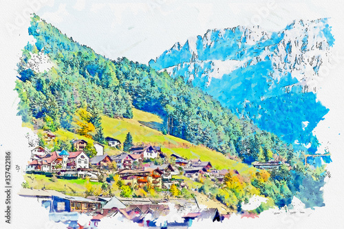 Watercolor drawing picture of Ortisei famous small town Urtijei South Tyrol Italy. photo