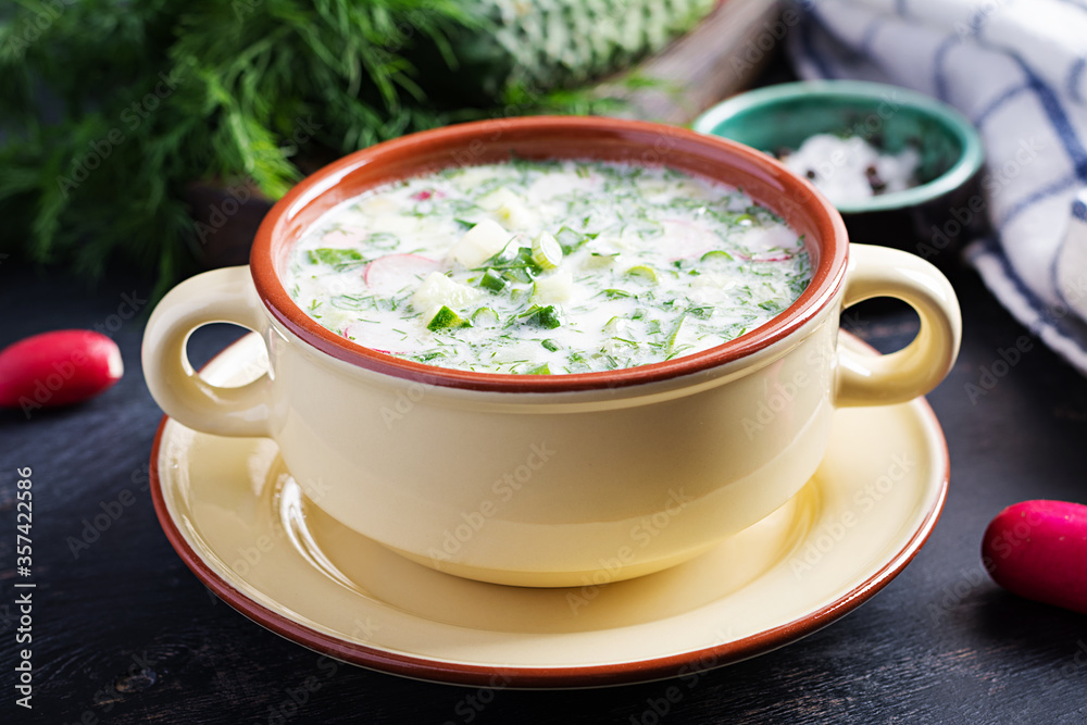 Okroshka. Cold summer soup with yogurt and vegetables in bowl. Okroshka. Cold summer soup with yogurt and vegetables in bowl.