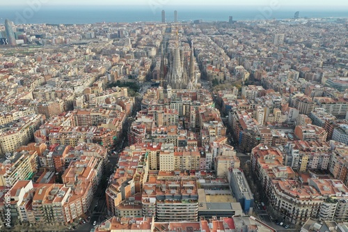 4k photo Barcelona City Sagrada Familia drone Aerial view of Barcelona, Catalunya, Spain, Europe