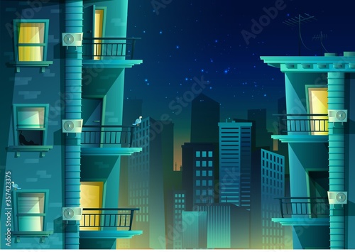 Vector cartoon style night city on blue light. Building with many floors and windows with balconies.