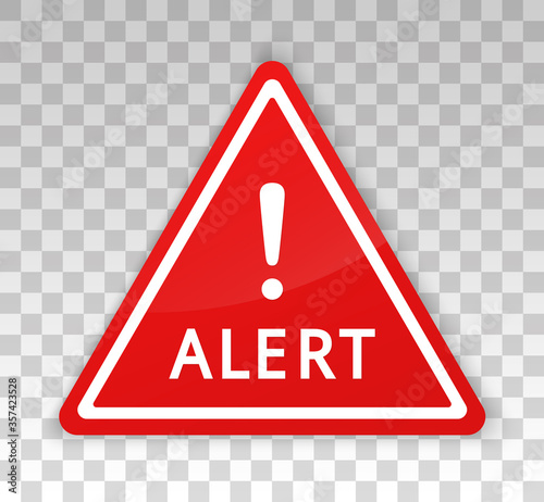 Alert sign. Cyber security. Alert icon in red triangle isolated on background. Attack hacker. Virus scam. Attention warning. Symbol safety. Beware sign with exclamation mark. Concept danger. Vector