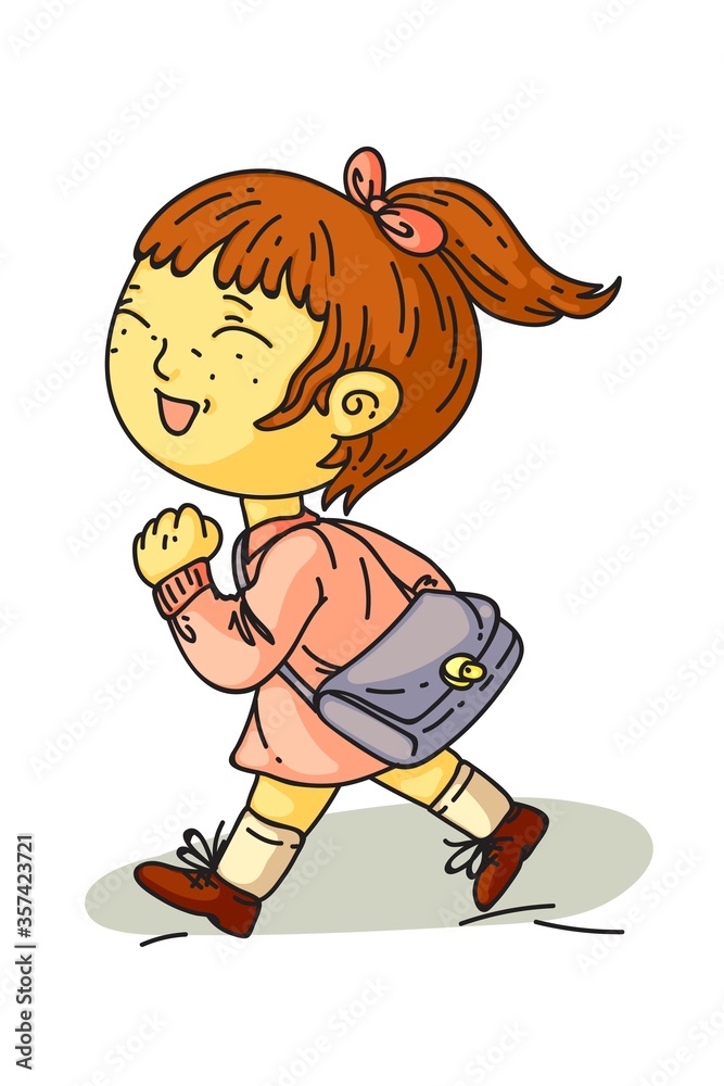 Smiling girl with bag walking isolated on white