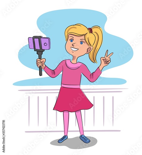 Pretty little girl blogger shooting story for blog