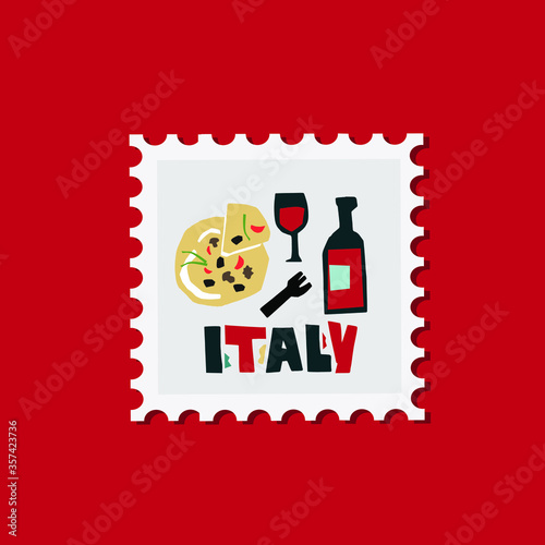 Vector flat Italy post stamp design. Hand drawn colorful lettering Italy in paper cut style. Colorful print design for for packaging design, brand design, poster, postcard, calendar