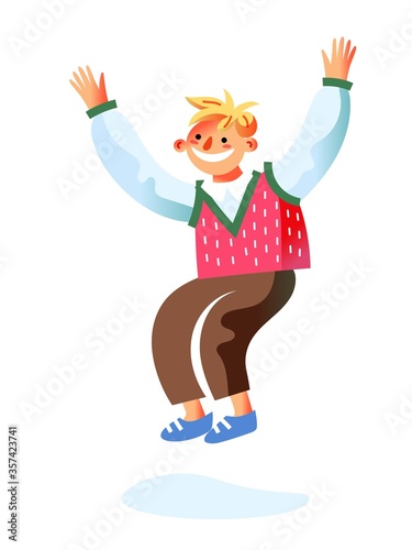 Happy overjoyed pupil jumping isolated on white