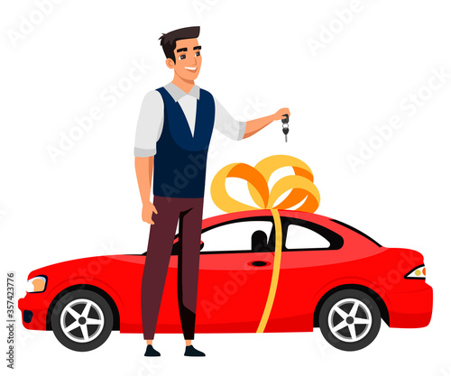 Vector character illustration of smiling man holds car key