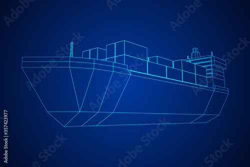 Heavy dry cargo ship of bulk carrier with freight containers. Wireframe low poly mesh vector illustration.