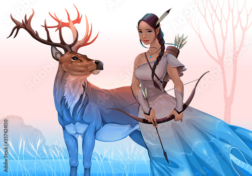 Spirit guides in the nature. Vector fantasy illustration representing an archer elf with deer
