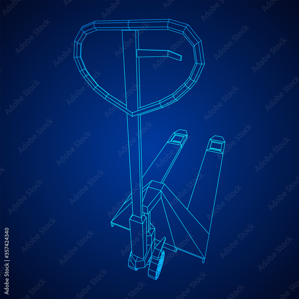 Hand pallet jack lift. Manual forklift. Logistics shipping concept. Wireframe low poly mesh vector illustration. Hand pallet jack lift. Manual forklift. Logistics shipping concept. Wireframe low poly mesh vector illustration.