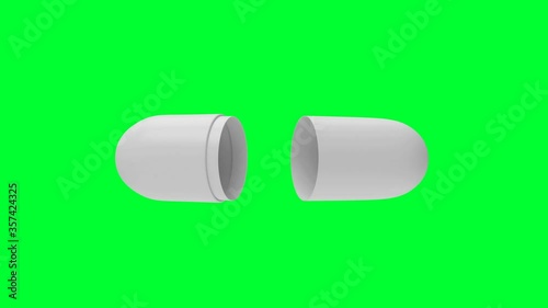 3D animation of one white medical capsule opens into two halves isolated on a green screen. 4K resolution.