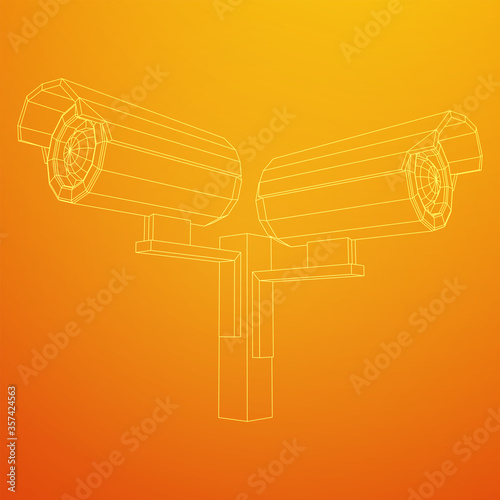 Modern video camera. Webcam viewing area. Safety, security concept. Wireframe low poly mesh vector illustration.