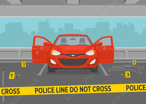 Do not cross yellow tape at crime scene. Car with opened doors in a parking lot. Flat vector illustration.
