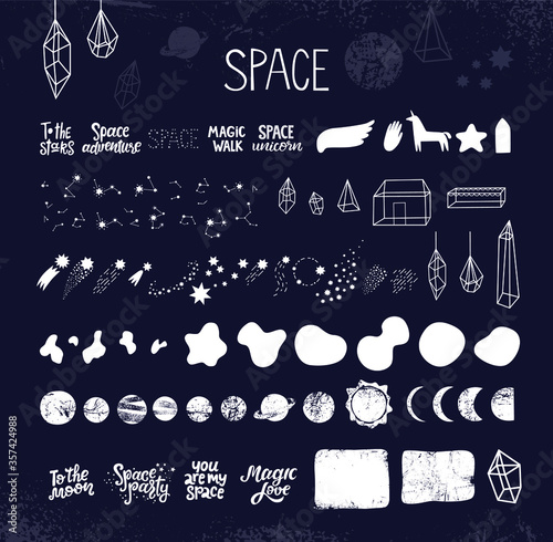 Clipart on the theme of Space and lettering quotes. Constellations, comets, stars, linear geometric shapes, house, pyramid. For invitations, cards, posters, social networks. Vector illustration