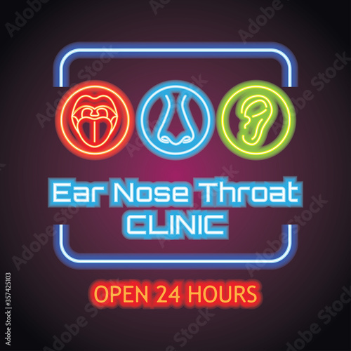 ear nose throat (ENT) neon sign plank for Otolaryngologists  clinic concept. vector illustration