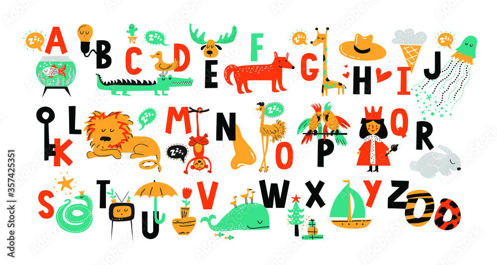 English alphabet with cute animals vector illustrations set in cartoon style for kids ABC book. Colorful letters with animals and objects. Ideal for nursery, kids books, print, card, poster, brand English alphabet with cute animals vector illustrations set in cartoon style for kids ABC book. Colorful letters with animals and objects. Ideal for nursery, kids books, print, card, poster, brand