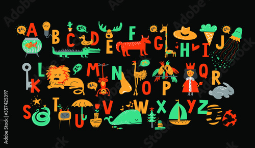 English alphabet with cute animals vector illustrations set in cartoon style for kids ABC book. Colorful letters with animals and objects. Ideal for nursery, kids books, print, card, poster, brand