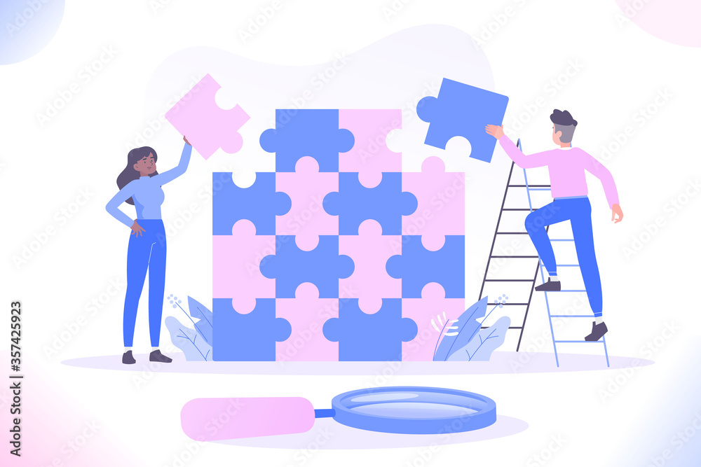 Teamwork, cooperation and partnership concept. Business people connecting puzzle pieces together, vector illustration