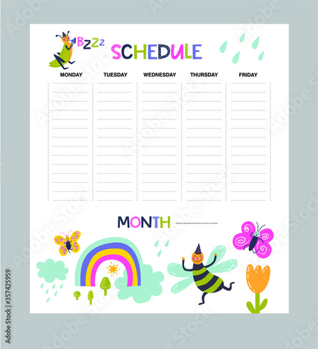 Vector weekly planner with insects in cartoon style and cute elements, flowers, trees. Organizer and schedule design template for kids. Funny bugs party illustration. 