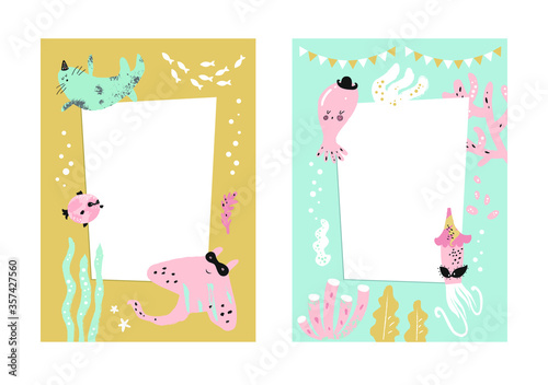 Frames set for baby's photo album, invitation, note book, postcard with cute sea animals in cartoon style and elements. Jellyfish, fish, shell, underwater background. Cute frame, border © SVETLANA