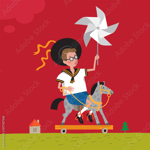 a child rides on a wooden horse. children's illustration