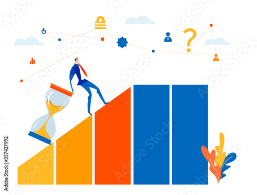 Successful businessman caring sandglass up to the growth chart. Solving the problems, making decisions, advisory and support concept illustration.