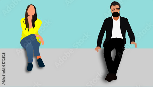 Vector illustration graphic of a Young happy girl and Young man with beard sitting on the wall. Concept outdoor workplace, student, or businessman.  © Aman