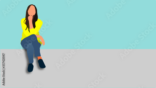 Vector illustration graphic of a Young happy girl sitting on the wall. Concept outdoor workplace, student, or teenager.