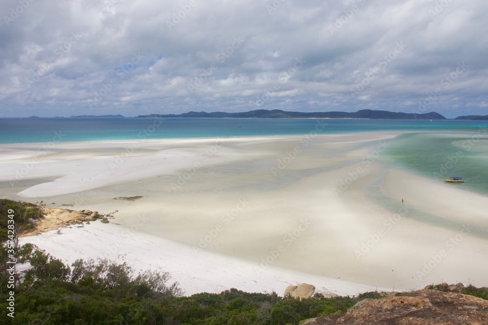 Tropical beach of Whitehaven in Whitsunday island seen from Hill Inlet, Australia 