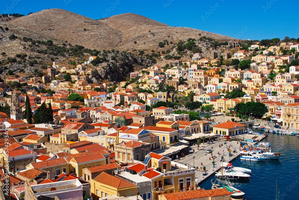 Greece, Symi island, view of the town of Symi.