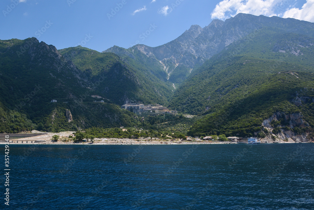 View from the sea to the Mount Athos, Holy Mountain, Halkidiki, Greece