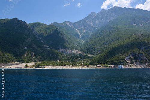View from the sea to the Mount Athos, Holy Mountain, Halkidiki, Greece