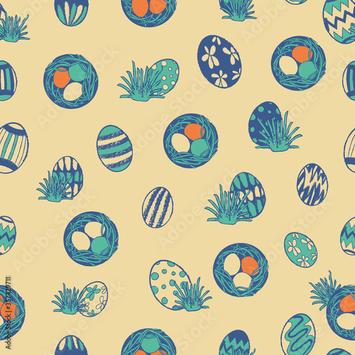 Colourful eggs, nests seamless pattern background
