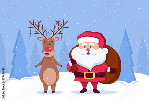 Merry Christmas and Happy New Year background. Santa and deer. Vector