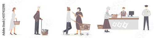 Grocery store during epidemic of virus.Cashier and guard in protective medical masks. Teller serves various customers who are waiting in queue at a social distance in supermarket.Raster illustration