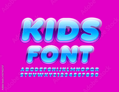 Vector bright glossy Kids Font. Modern Blue and Violet Alphabet Letters and Numbers © Popskraft