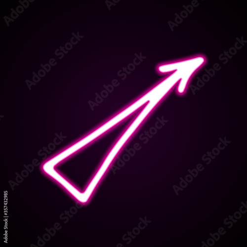 Neon pink straight arrow vector icon. Hand-drawn vector illustration of a pointer on black background. Arrow with a wide start