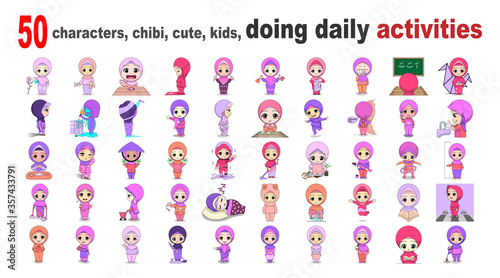50 characters, chibi, cute, kids, doing daily activities photo