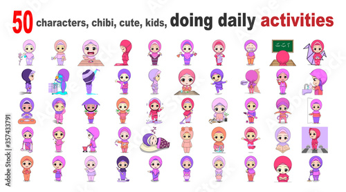 50 characters, chibi, cute, kids, doing daily activities