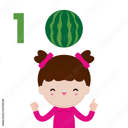 happy children and hand showing the number one, cute kids showing numbers 1 by fingers. little child study math number count fruit Education concept, learning material isolated vector illustration