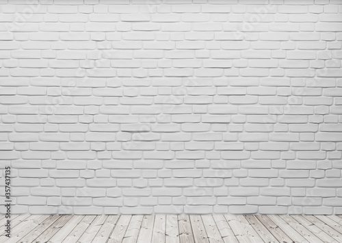 Fototapeta Naklejka Na Ścianę i Meble -  Room perspective, white brick on the wall and wooden floor, mockup template for product display. 3d render.