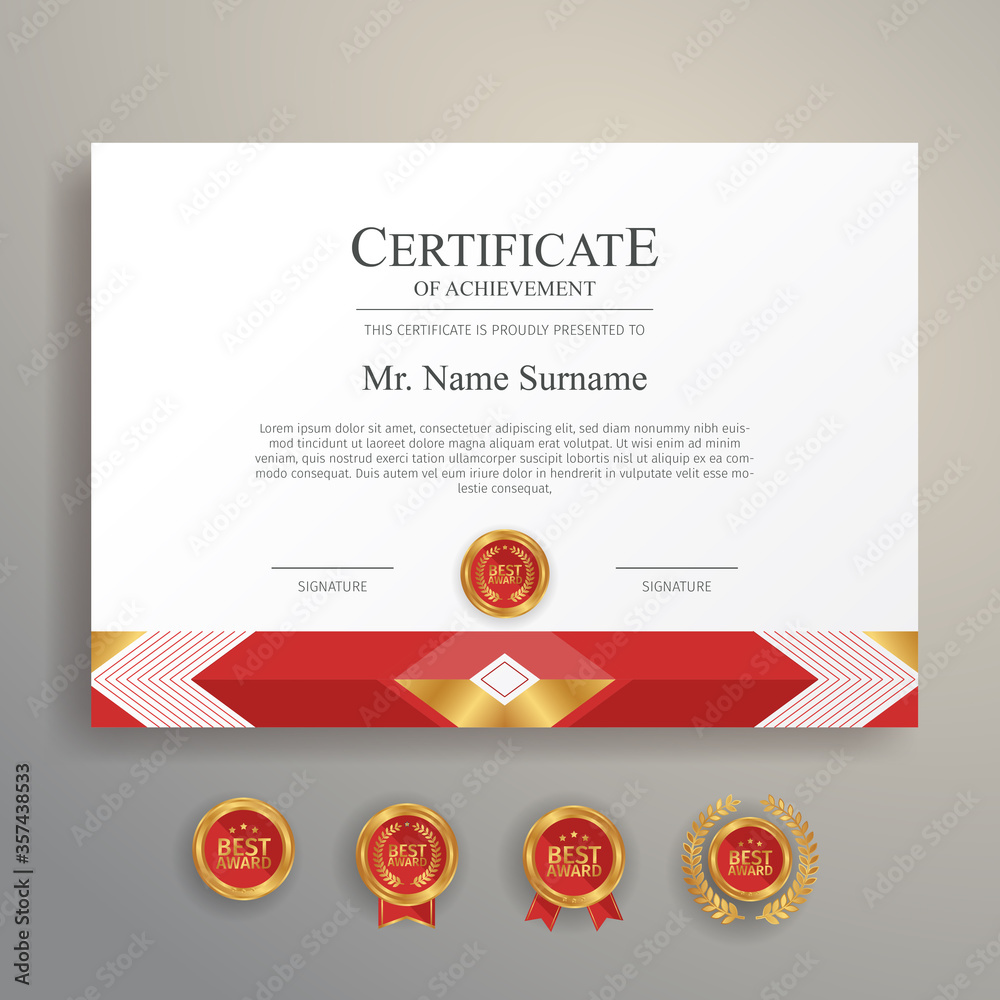 Fototapeta premium Red and gold certificate border template with badges for award, business, and education needs